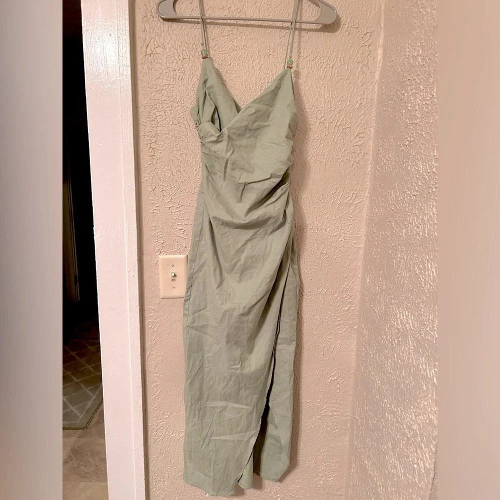 Zara Ruched Linen Blend Midi Dress Sea Green Size XS - Picture 4 of 11